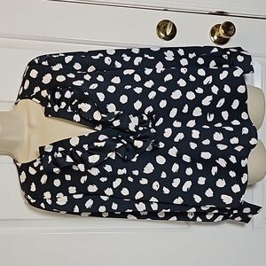 J. Crew, long sleeve ruffle front top in brushstroke print, navy white, size M